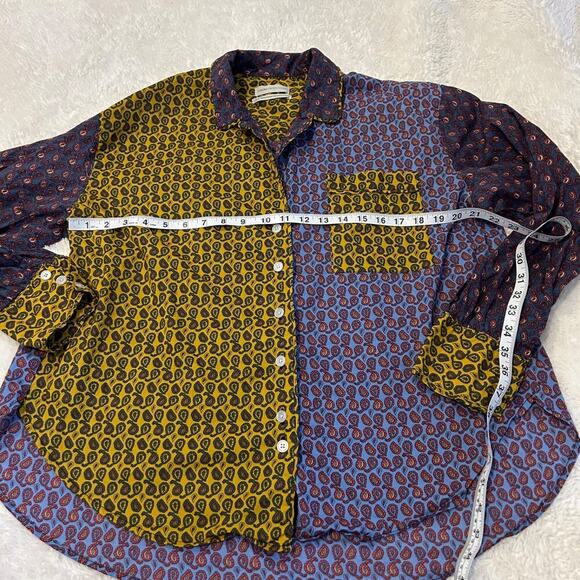Urban Outfitters Women Button Down Top Yellow Colorblock Paisley Casual Sz Small - Picture 3 of 6